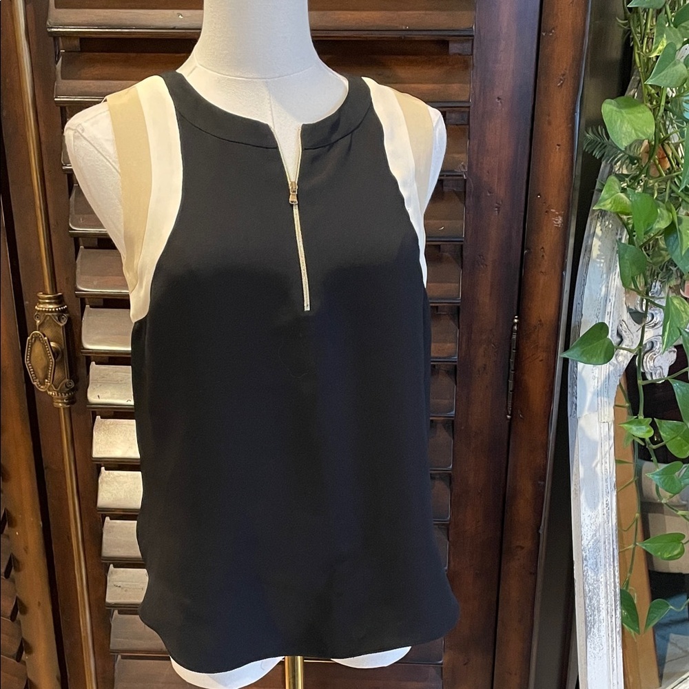 L’AGENCE Blouse Shell Black and Cream Sleeveless Top Size 2 SILK